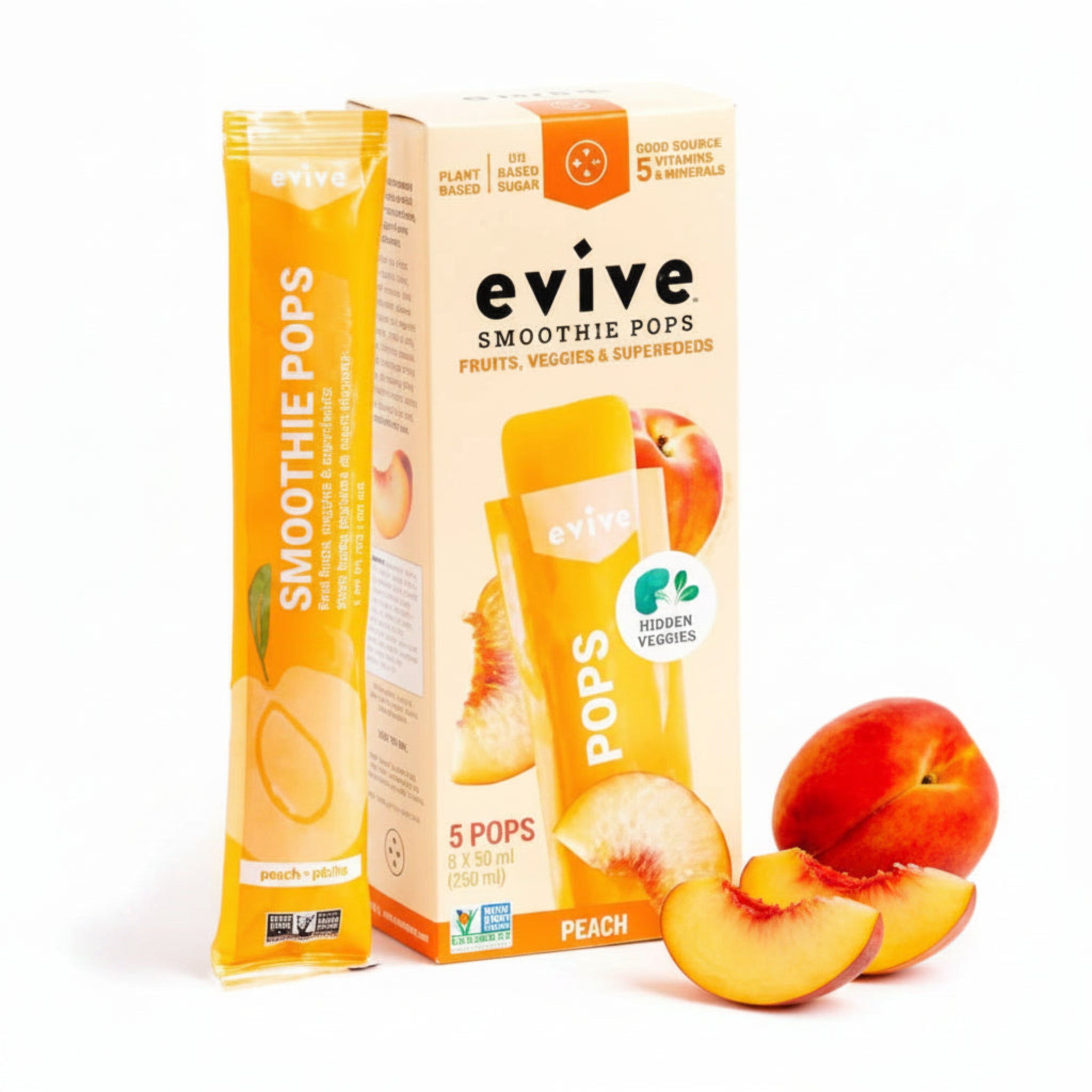 Evive Peach Smoothie Pops package on a white background.