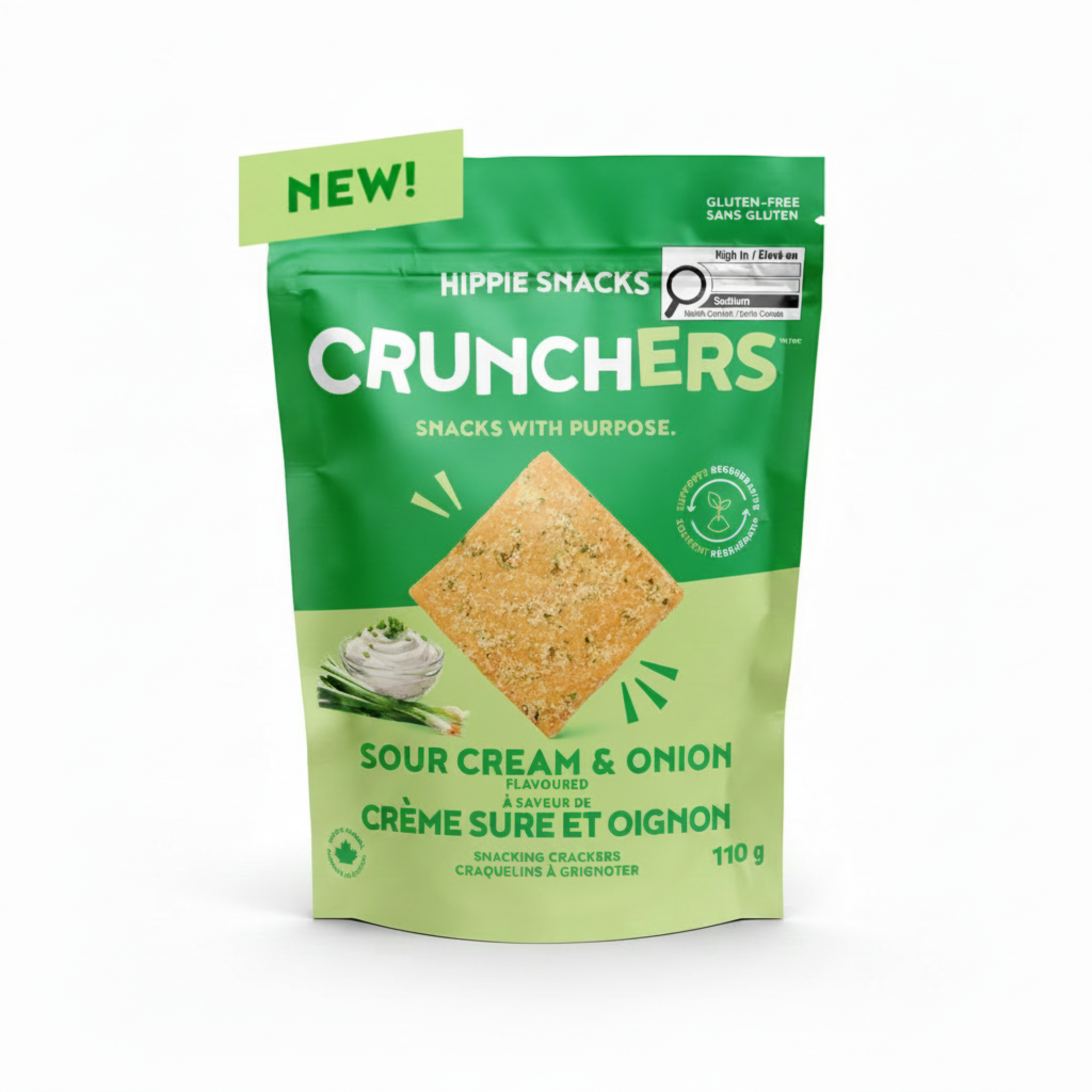Hippie Snacks Crunchers Sour Cream & Onion package on a white background.

