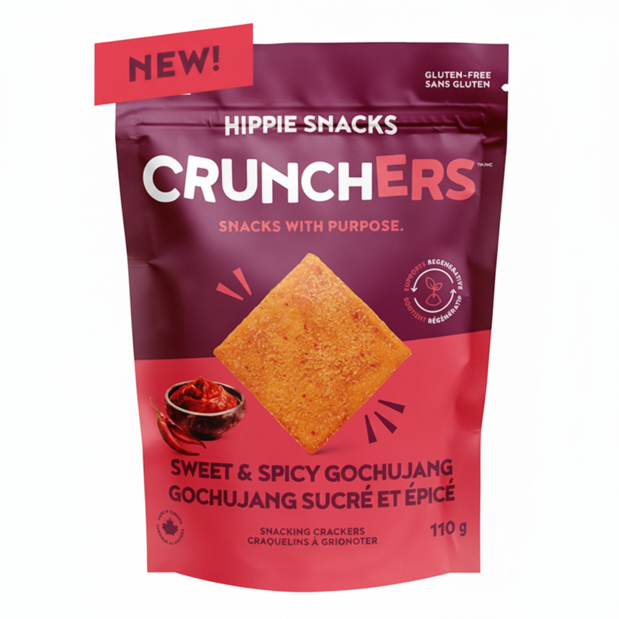 Hippie Snacks Crunchers Sweet & Spicy Gochujang package on a white background.