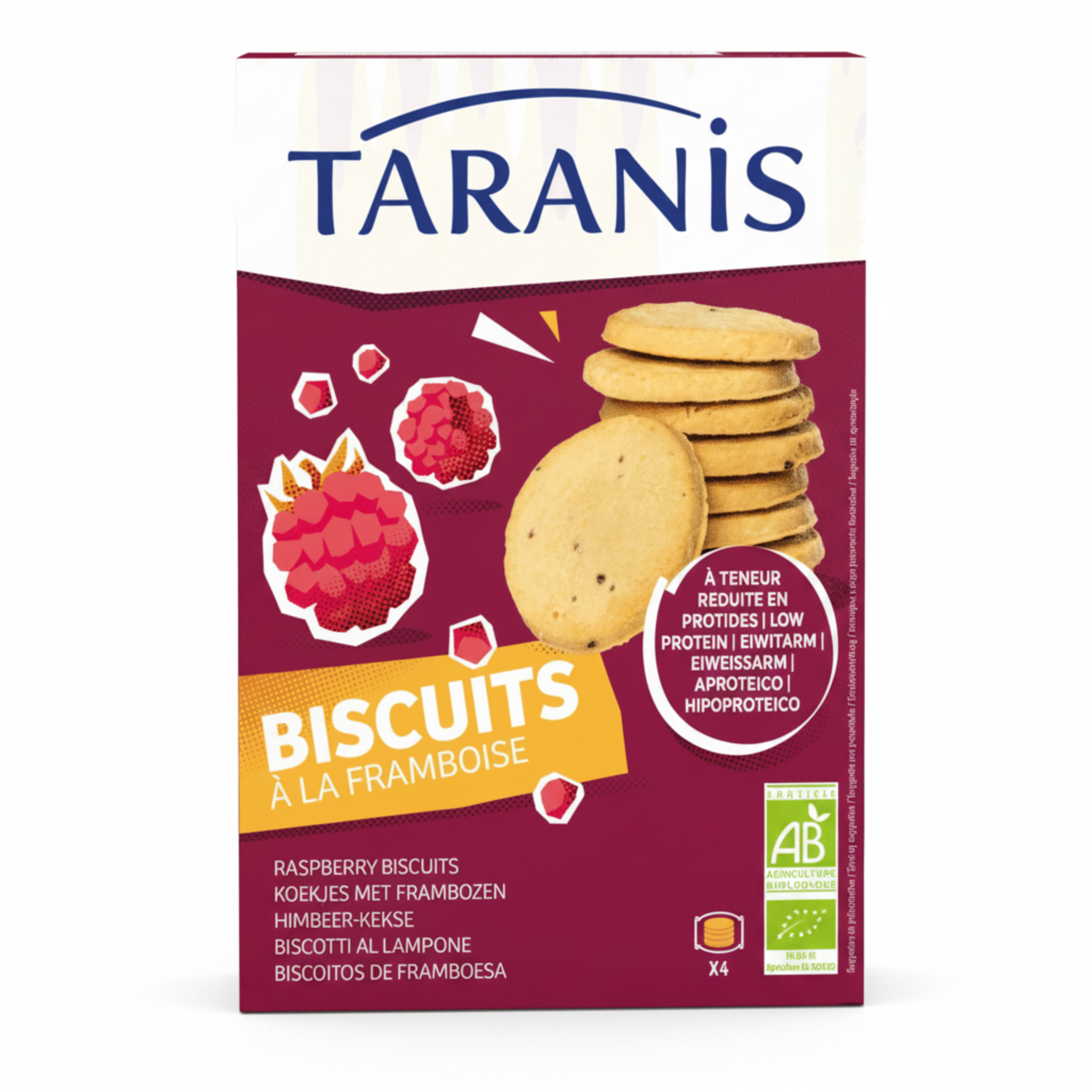 Taranis Rasberry Biscuits package on a white background.