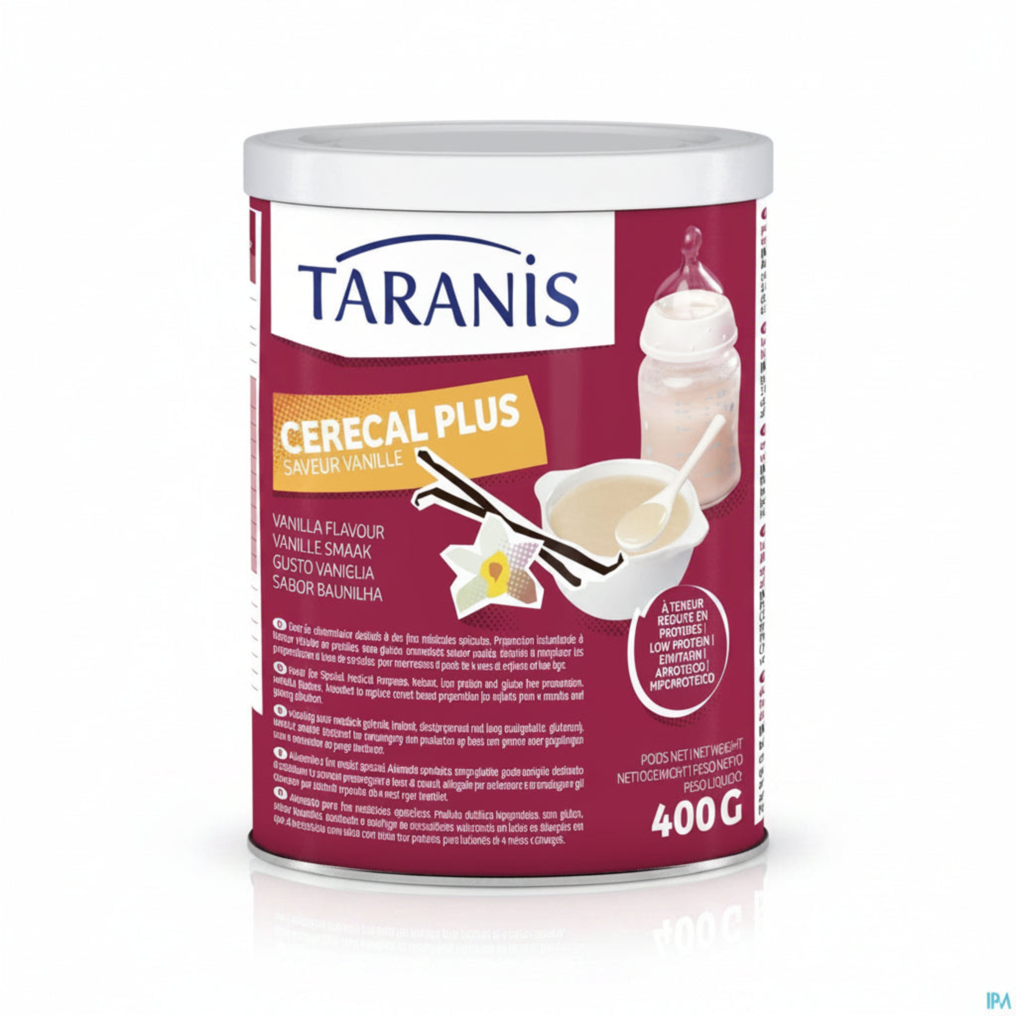 Taranis Cerecal Plus Vanilla flavour 400g package on a white background.