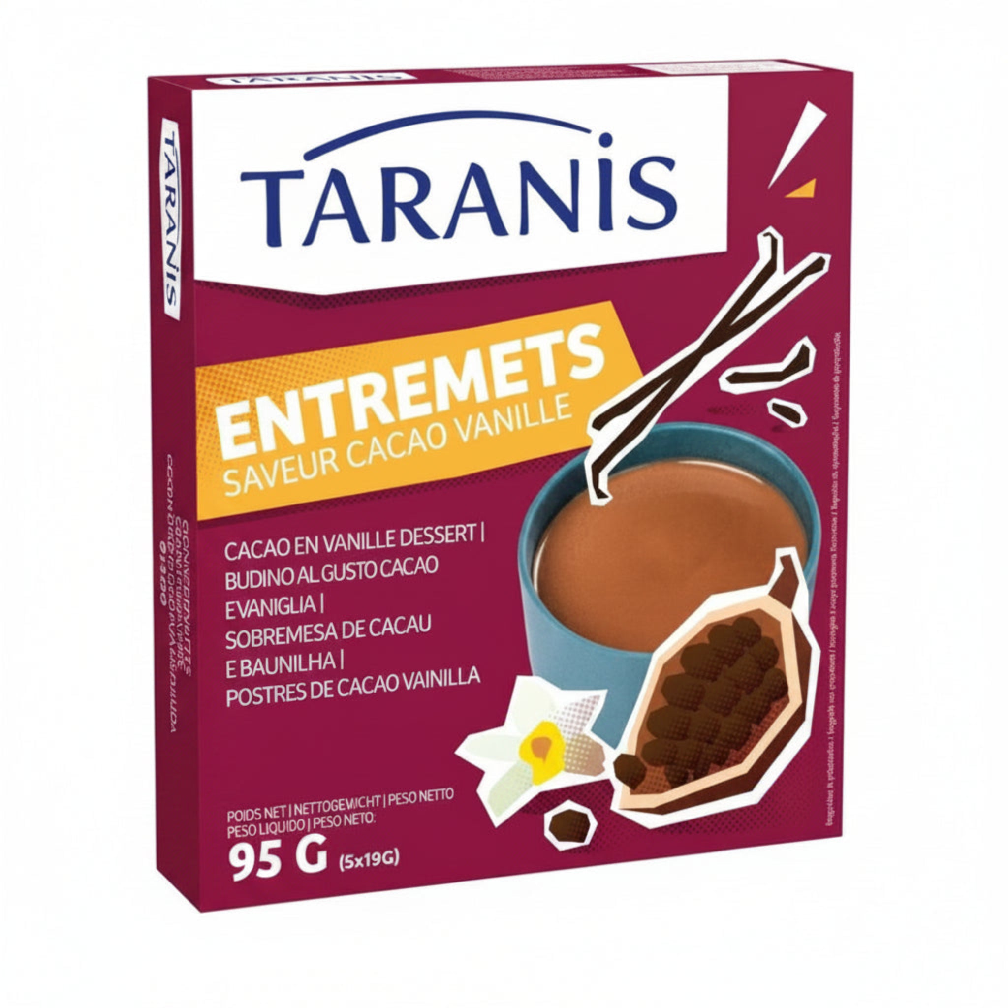 Taranis Vanilla Cocoa Dessert Pudding package on a white background.