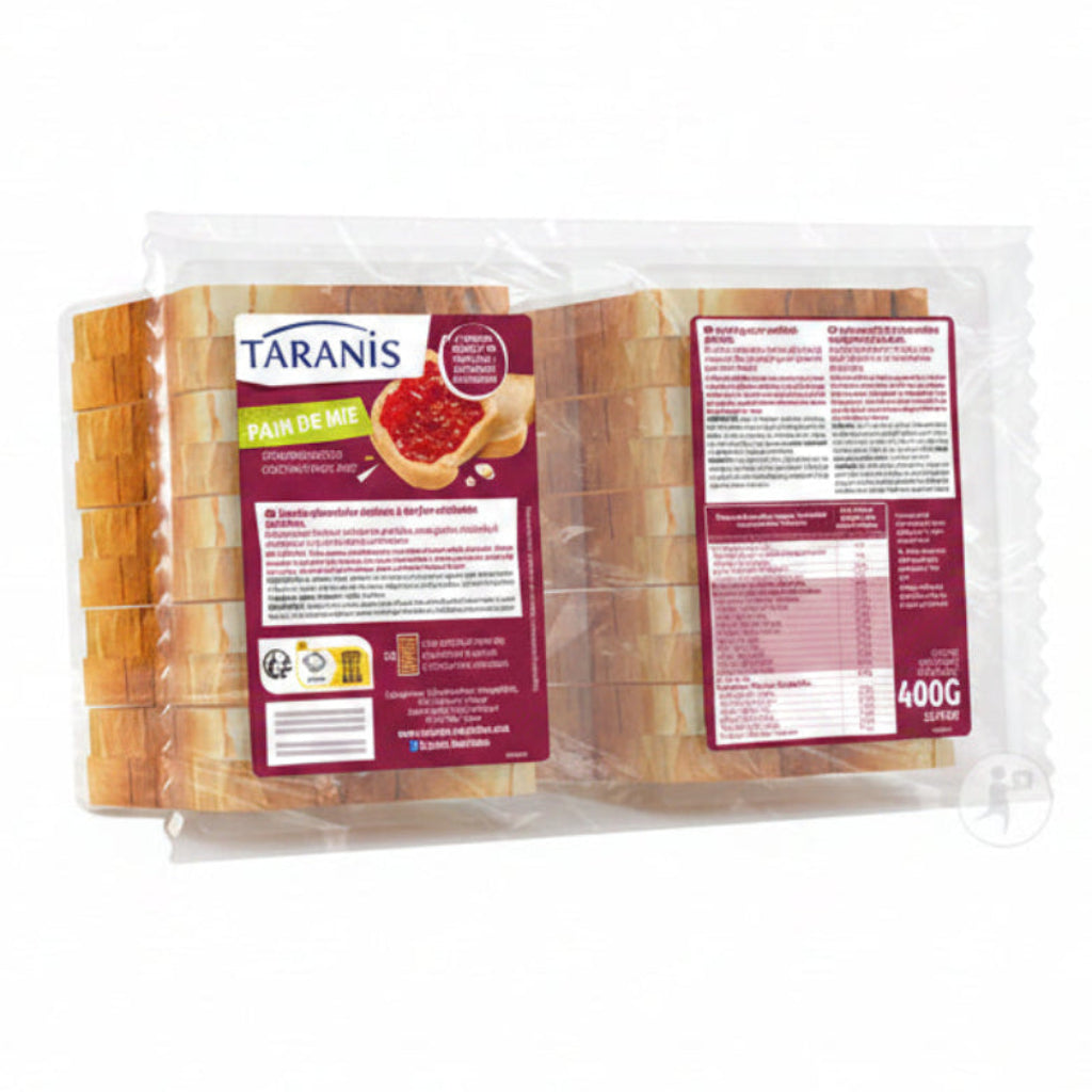 A package of Taranis sliced bread loaf   all sealed in clear plastic on a white background.