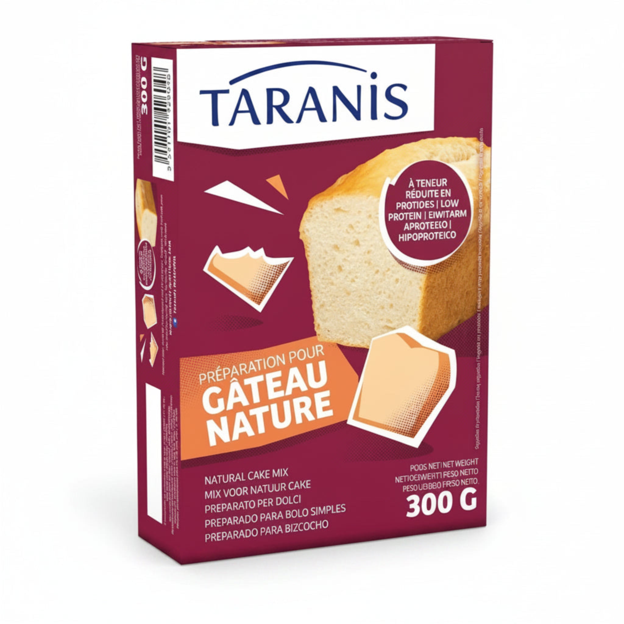 A 300g box of Taranis Natural Cake Mix, featuring a deep burgundy and orange design with illustrations of a sliced loaf of bread and a cake piece, on a white background.