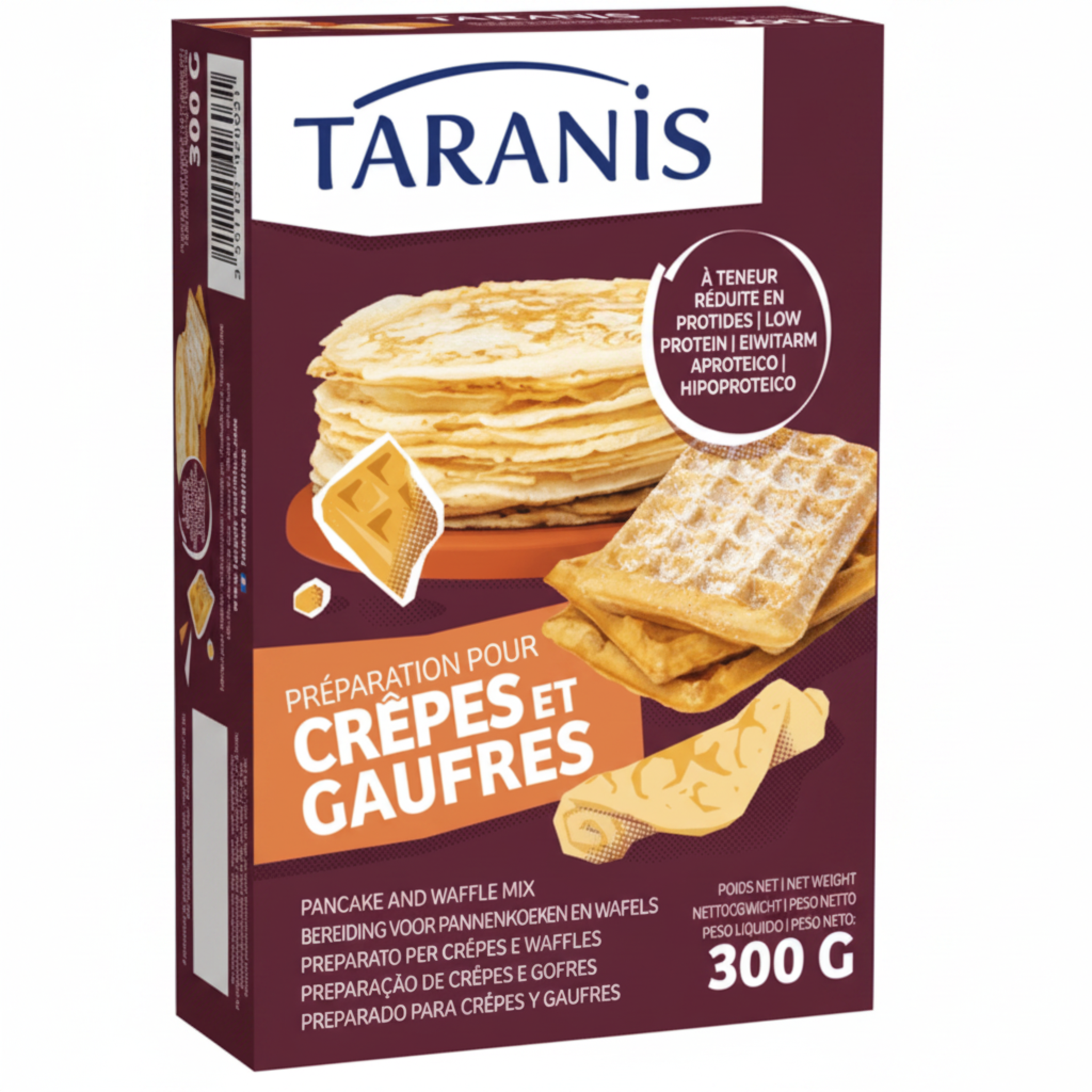 A 300g box of Taranis Pancake and Waffle Mix, featuring a deep maroon background with illustrations of golden pancakes and waffles, and the Taranis brand logo at the top.