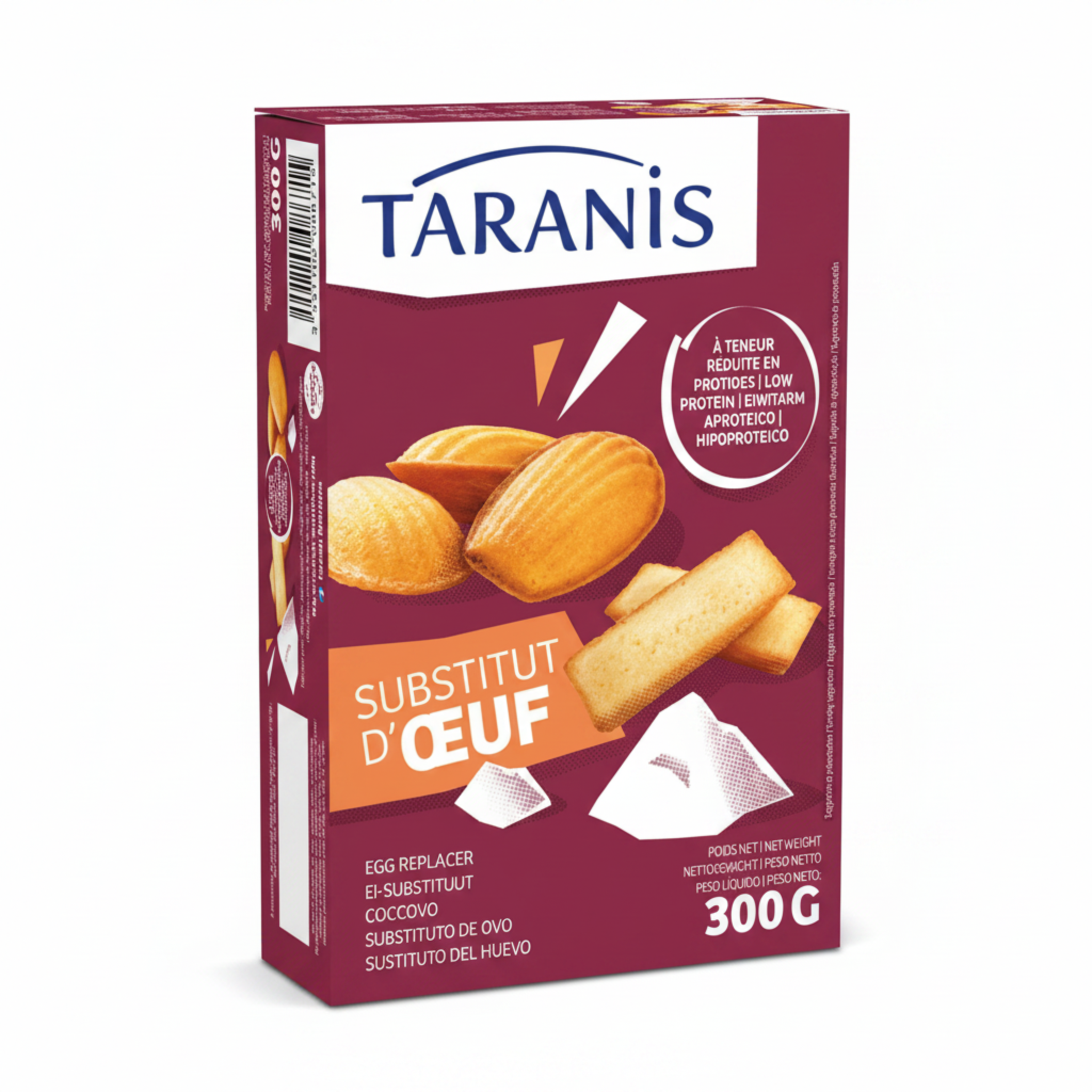 A box of Taranis egg replacer 300g, featuring a deep burgundy background with illustrations of cookies, and the Taranis brand logo at the top.