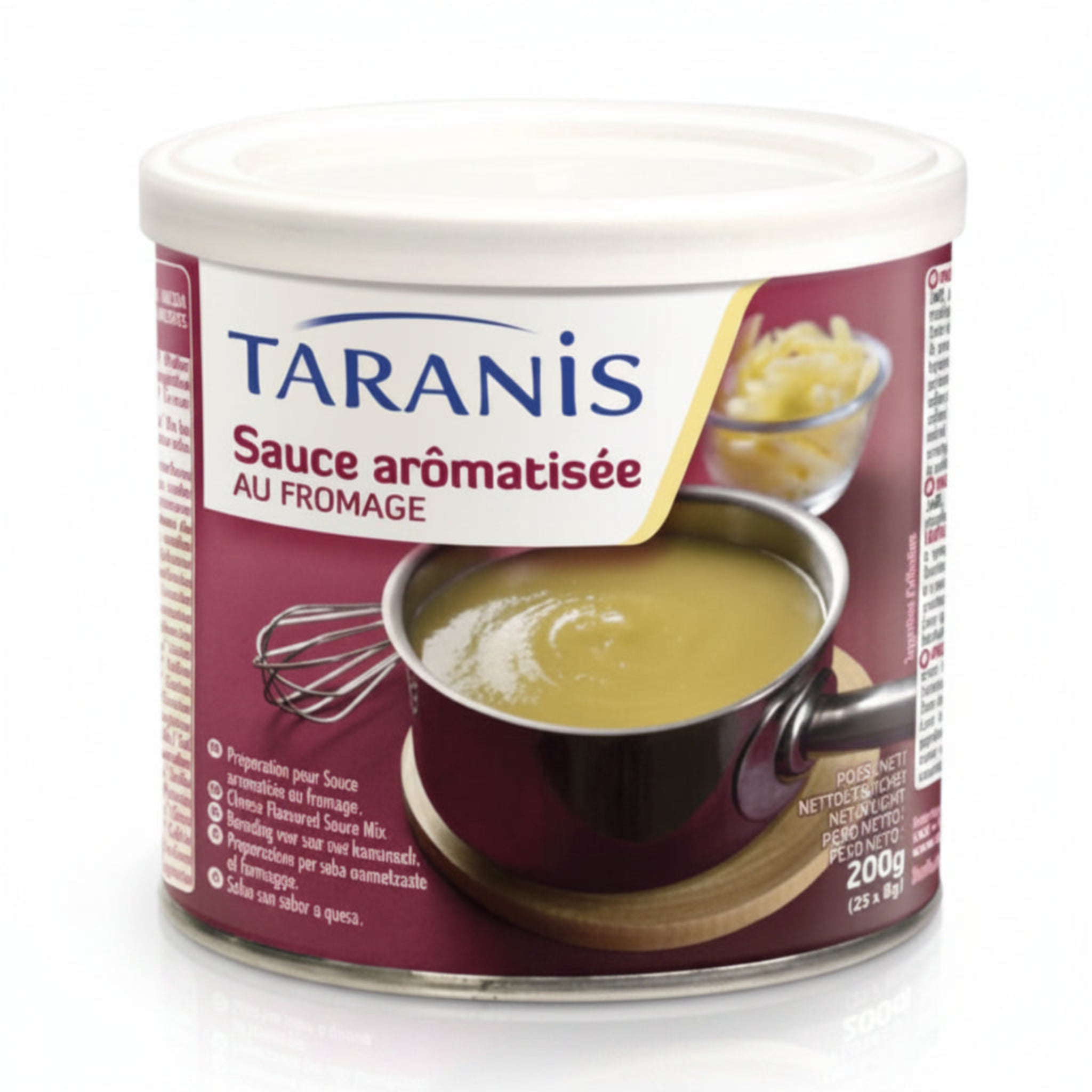 A 200g container of Taranis seasoned cheese sauce on a white background. The packaging features a white lid and a label with burgundy, white, and yellow sections, showing a pot of the pale yellow sauce.