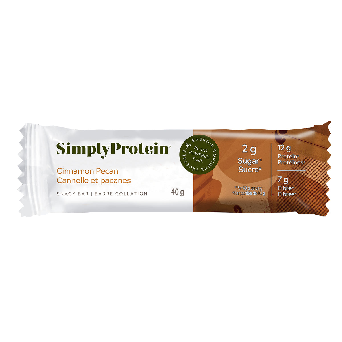 40 gram white and brown SImply Protein Cinnamon Pecan bar