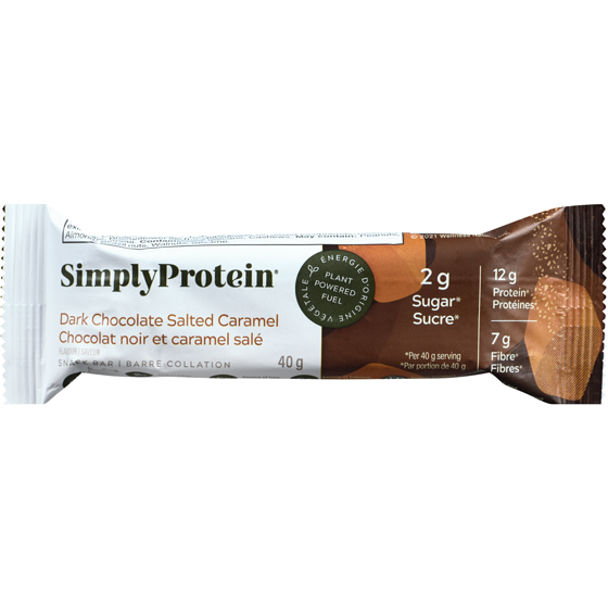 40 gram brown and white Simply Protein Dark Chocolate Salted Caramel  bar.