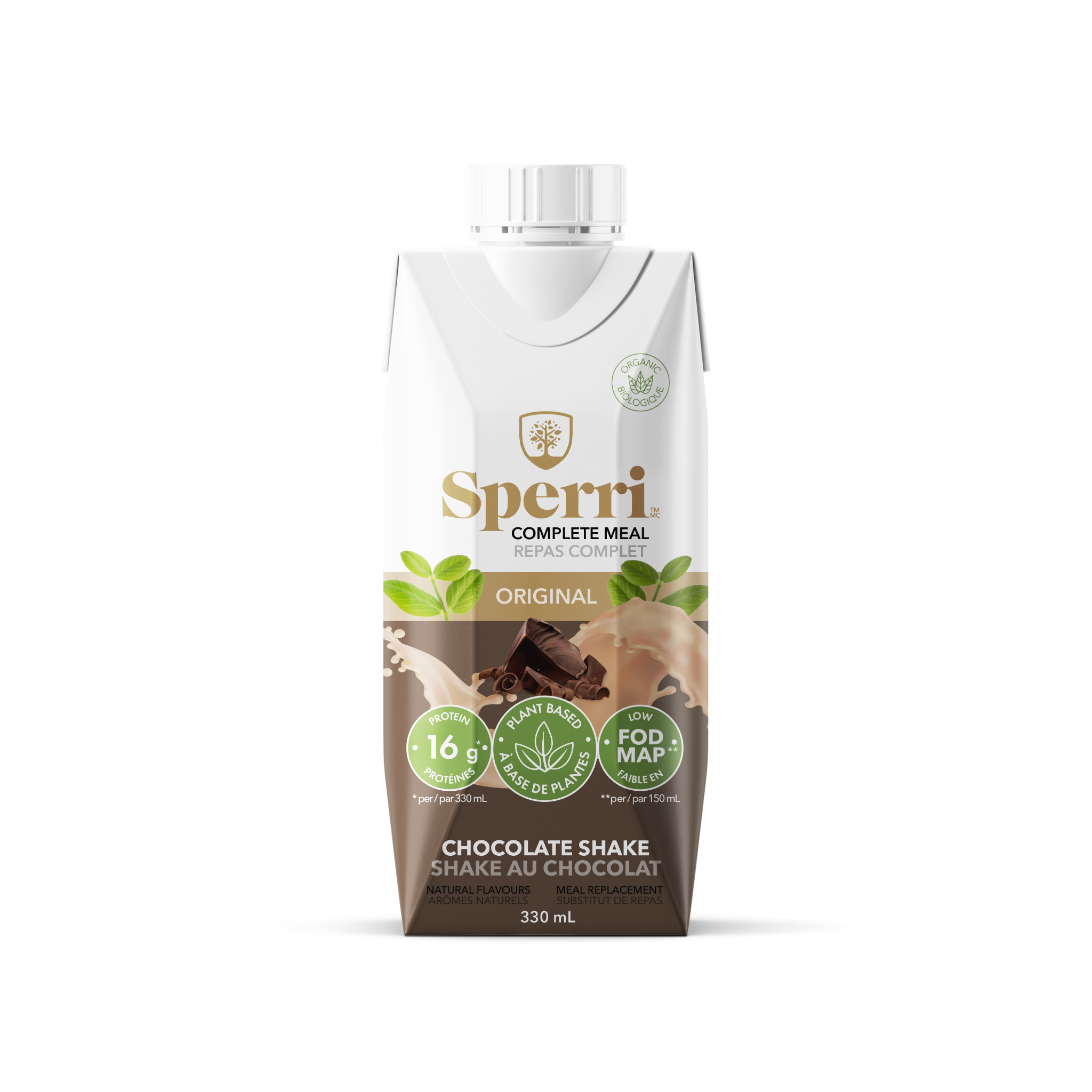 A 330 mL carton of Sperri Complete Meal Chocolate Shake, featuring a white and brown design with green accents and a white cap, set against a plain white background.