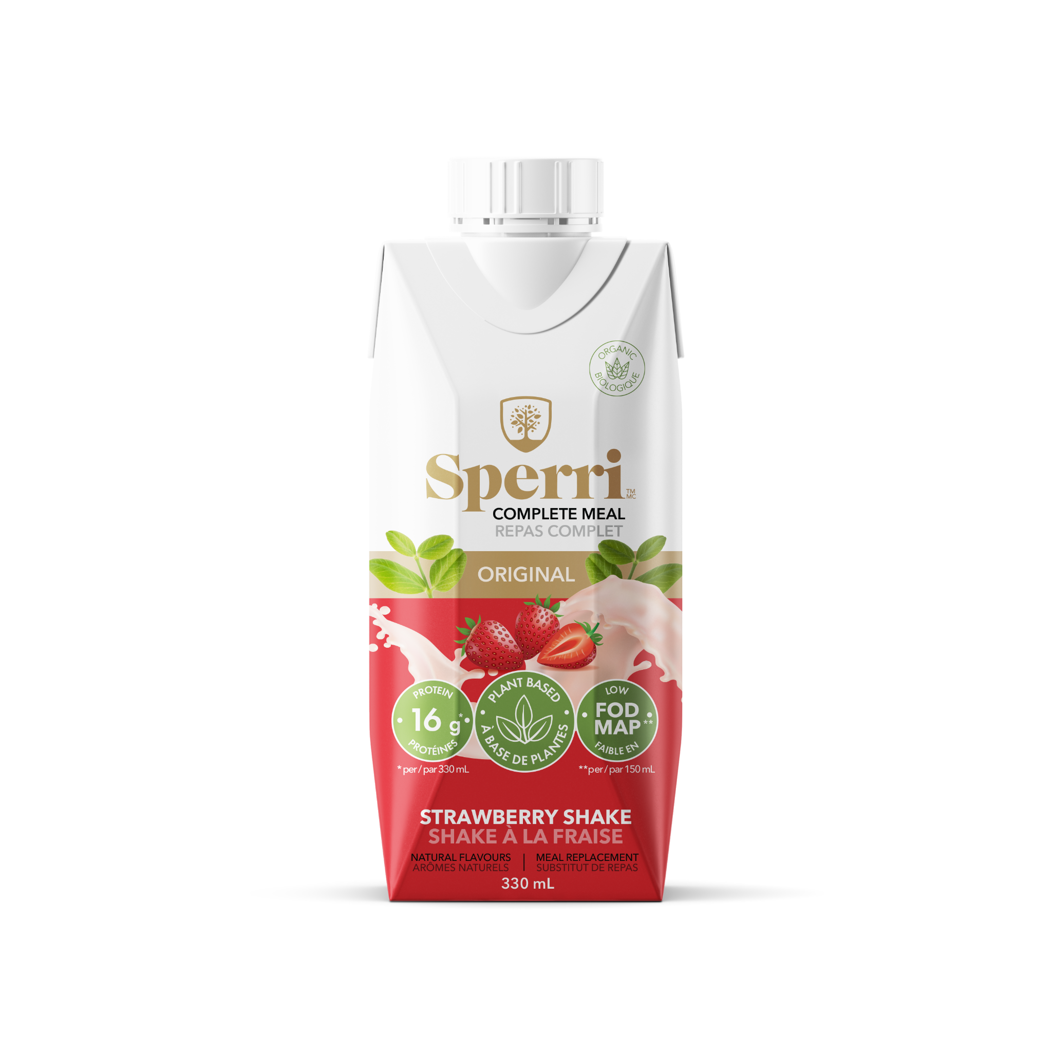 A 330 mL carton of Sperri Complete Meal Strawberry Shake, featuring a white and red design with illustrations of strawberries and a shake, on a clean white background.