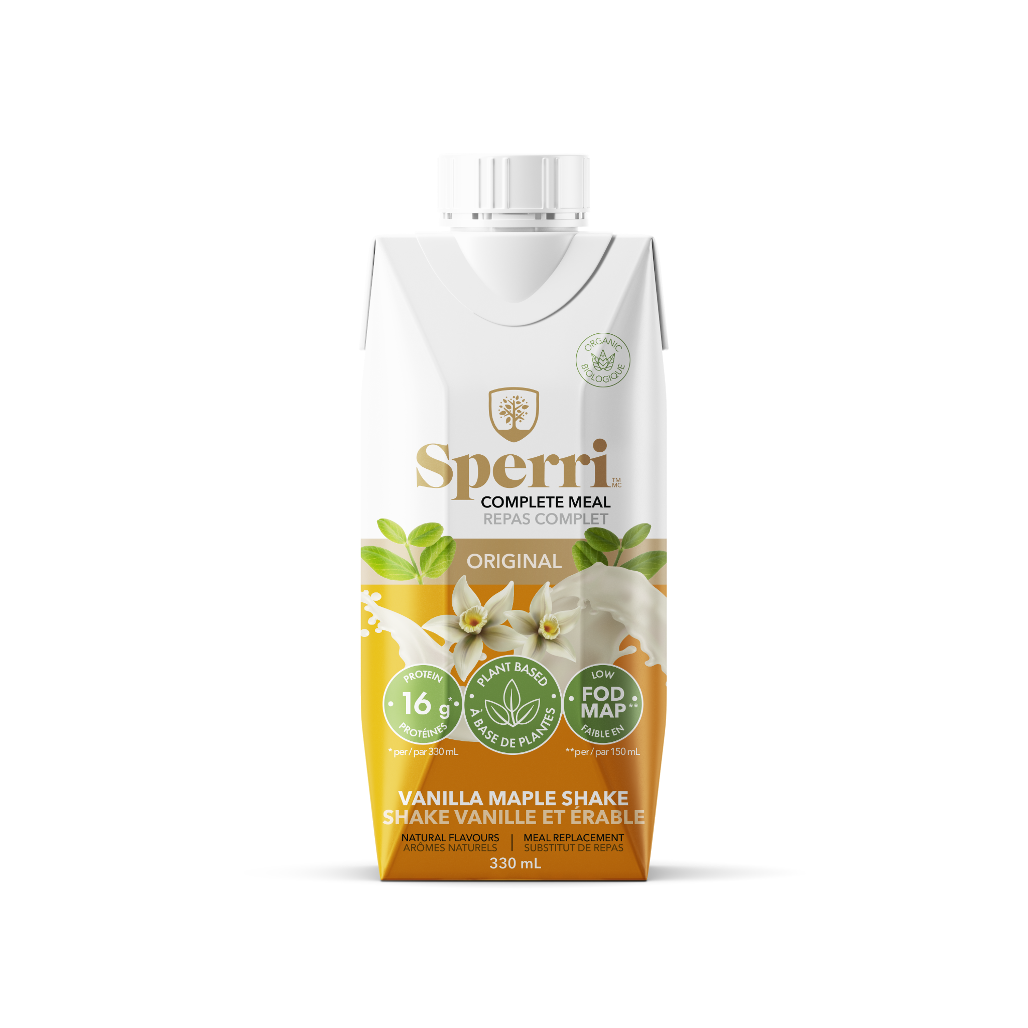 A 320 mL carton of Sperri Complete Meal Vanilla Maple Shake on a plain white background. The packaging is primarily white with a golden-yellow lower section, green circular badges, and illustrations of vanilla flowers and leaves.