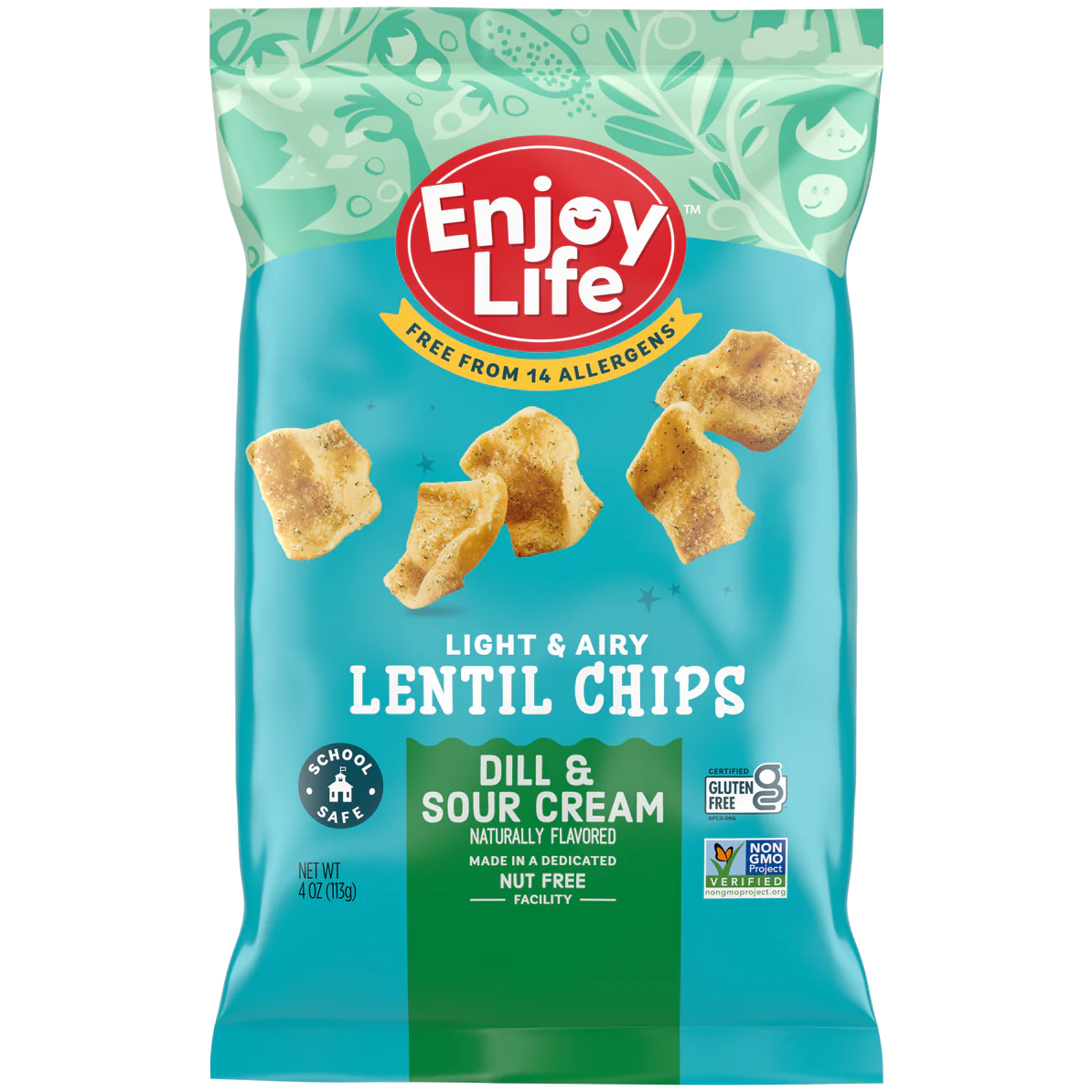 113 gram green and blue bag of Enjoy Life Foods Dill & Sour Cream Flavour Lentil Chips (Large)