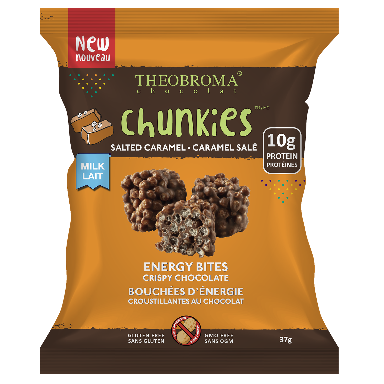 37 gram orange and brown bag of Theobroma Chocolate - 38% Milk Chocolate Salted Caramel Chunkies