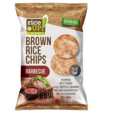 120 gram brown and red bag of Rice UP! Brown Rice Chips - Barbeque