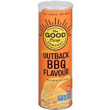 160 gram orange and yellow can of The Good Crisp Company - Outback BBQ