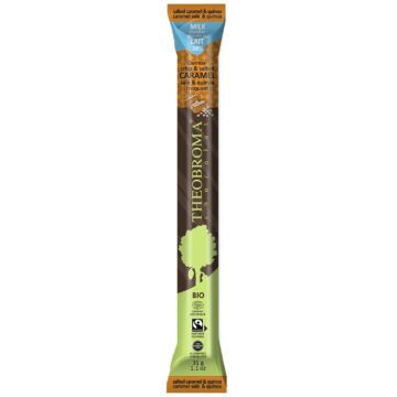 35 gram green brown and blue bar of Theobroma Chocolate - 38% Milk Chocolate Salted Caramel and Quinoa Crisp Baton