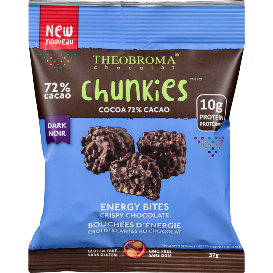 37 gram brown and blue bag of Theobroma Chocolate - 72% Dark Chocolate Chunkies