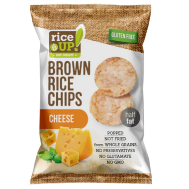 120 gram yellow and brown bag of Rice UP! Brown Rice Chips - Cheese