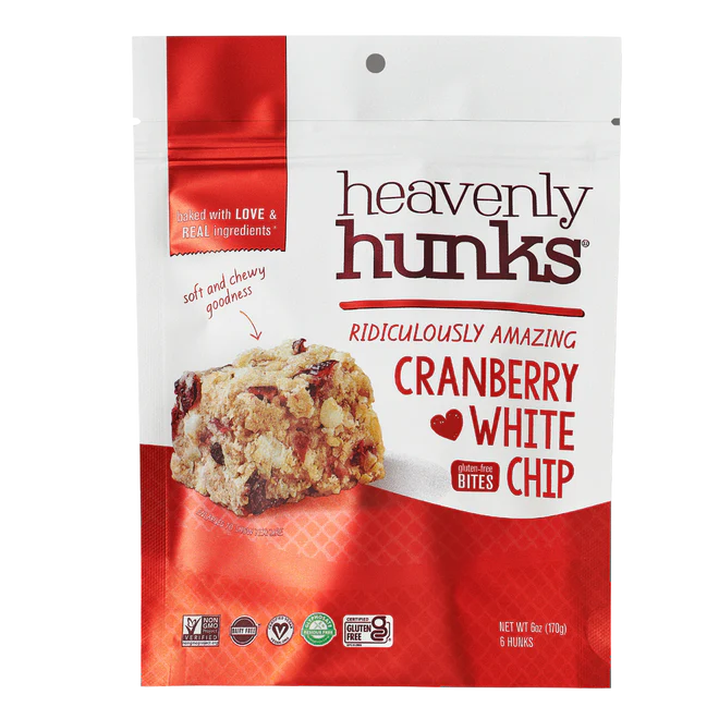 White and red 200 gram package of Cranberry White Chip flavoured Heavenly Hunks.