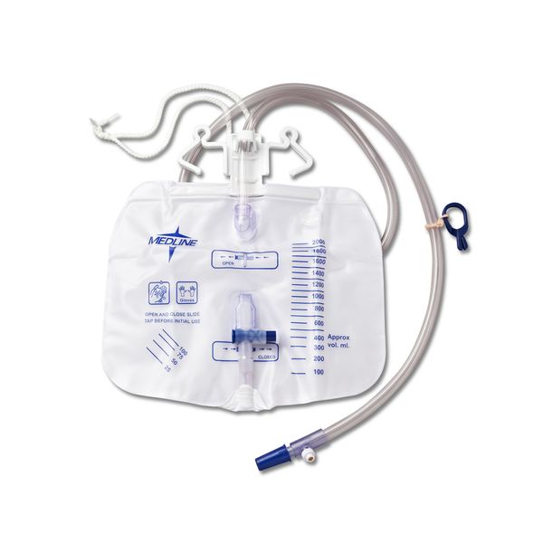 Medline Drainage bag, white with blue writing, with tube.