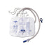 Medline Drainage bag, white with blue writing, with tube.