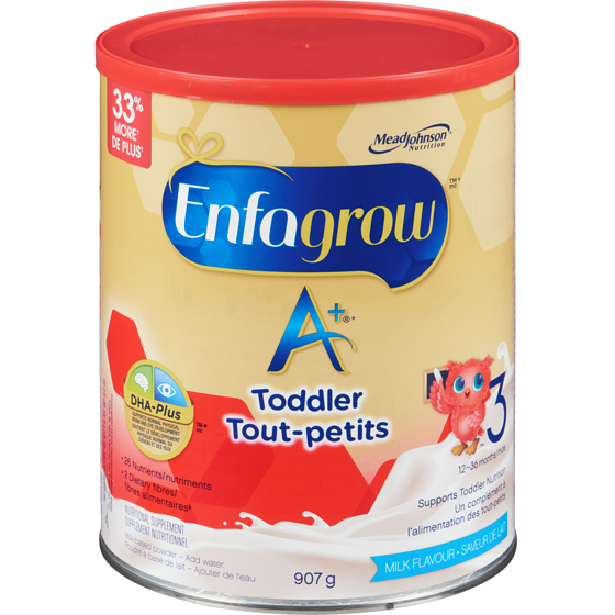 Enfagrow A+ Toddler red and yellow packaging, 907g, red plastic lid.