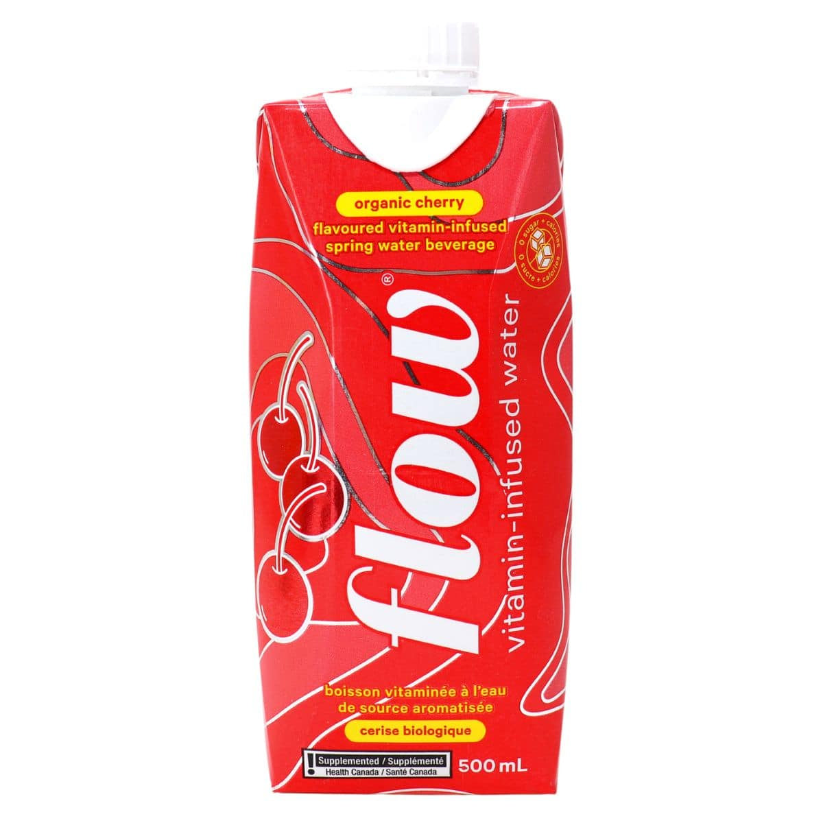 500 mL red tetra pak carton of Flow Infused Water - Cherry