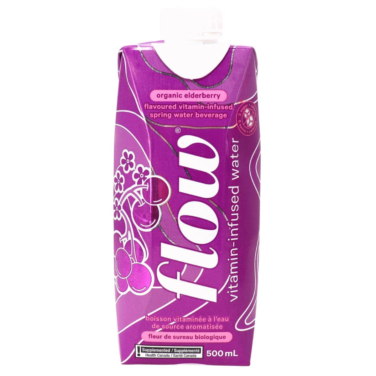 500 mL purple tetra pak carton of Flow Infused Water - Elderberry