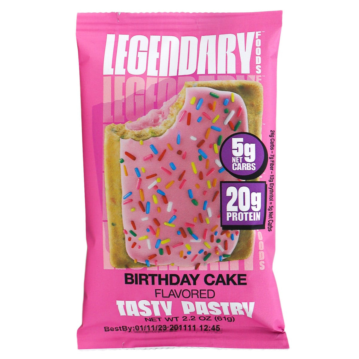 61 gram pink single package of Legendary Foods Protein Pastry - Birthday Cake