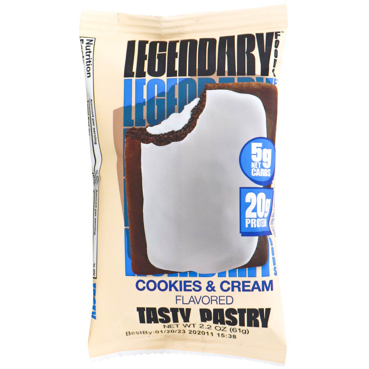 61 gram beige brown and blue single package of Legendary Foods Protein Pastry - Cookies & Cream