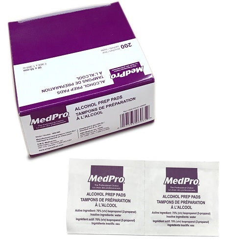 Purple and white MedPro box containing 200 units of alcohol pre pads (70%). Also displays the individual packaging for a pad.