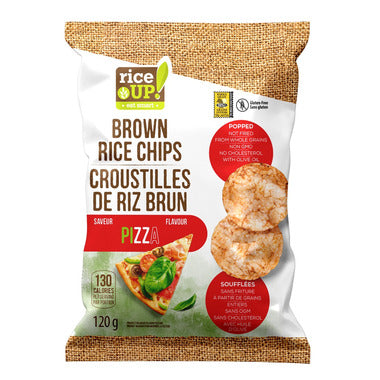 120 gram brown and red bag of Rice UP! Brown Rice Chips - Pizza