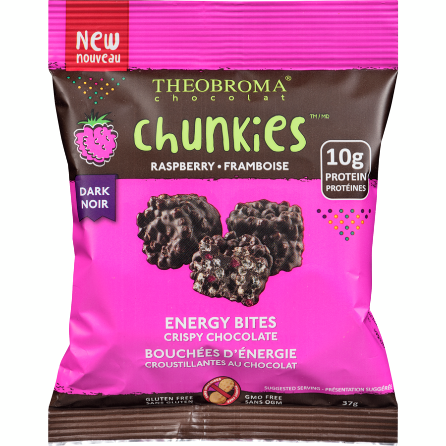 37 gram brown and pink bag of Theobroma Chocolate - 60% Dark Chocolate Raspberry Chunkies