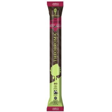 35 gram green brown and red bar of Theobroma Chocolate - 60% Dark Chocolate with Raspberry Chunks 35g