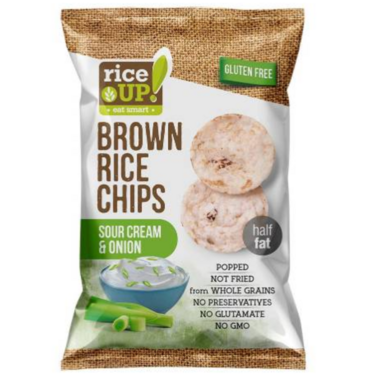 120 gram green and brown bag of Rice UP! Brown Rice Sour Chips - Cream
