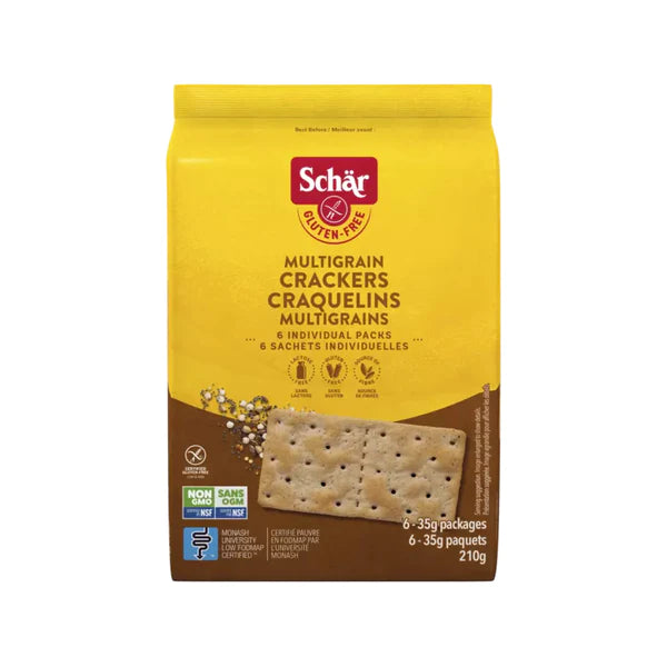 210 gram brown and yellow package of Schar Multigrain Crackers