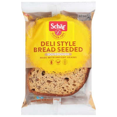 250 gram yellow and red bag of Schar Deli Style Sourdough Bread Seeded
