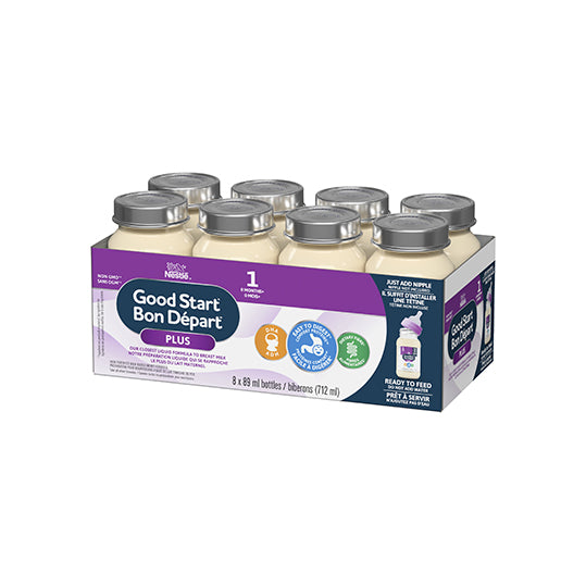 NESTLÉ GOOD START 1 PLUS Ready-to-feed Nursers, 8 perpack, bottles are clear with silver lid, in purple box, 89 mL per bottle.