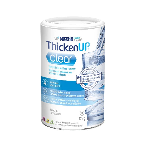 Nestle Health Science Thicken Up Clear can, 125g, blue and white packaging.