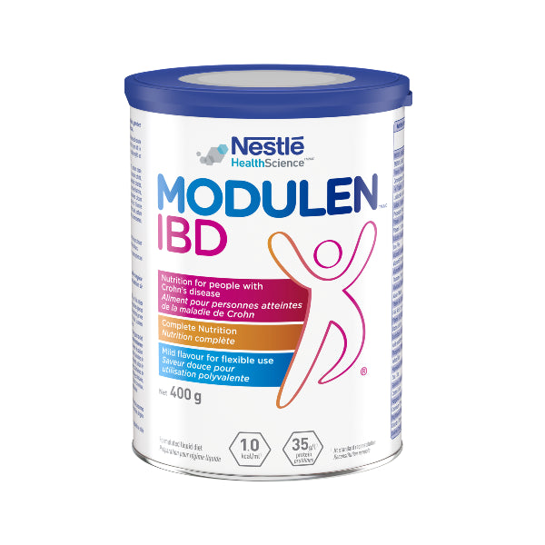 Nestlé Health Science Module IBD, 400g, pink, blue, and orange on canister.