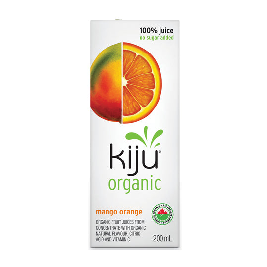 200 mL orange white and green box of Kiju Organic Mango Orange Juice
