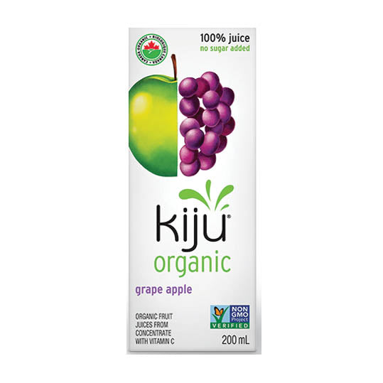 200 mL purple green and white box of Kiju Organic Grape Apple Juice