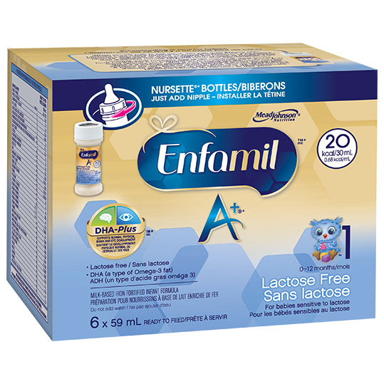 Enfamil A+ lactose free nursettes, blue and yellow box, 6 nursettes per box, 8 boxes per case, 59mL each.