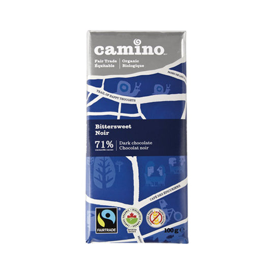 100 gram blue and silver package of Camino Chocolate Bar - Bittersweet 71%
