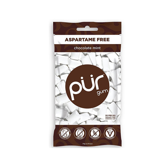 77 gram brown and white PUR Gum - Chocolate Mint (bag)
