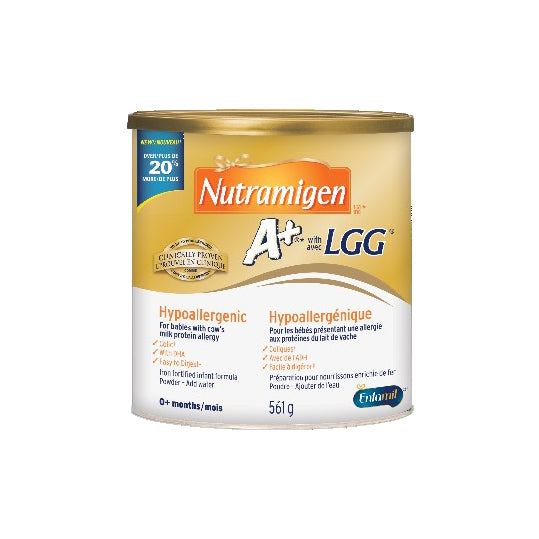 Nutramigen A+ with LGG, yellow and white can, gold plastic lid, 561g.
