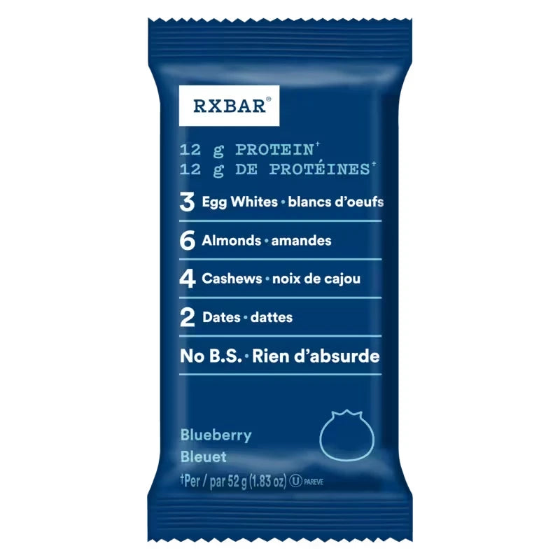 RX bar, blueberry flavor, 52 grams, dark blue packaging.