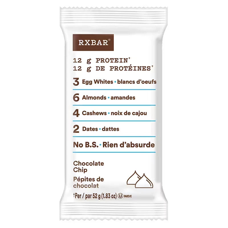 RX bar, chocolate chip in white packaging, 52 grams.