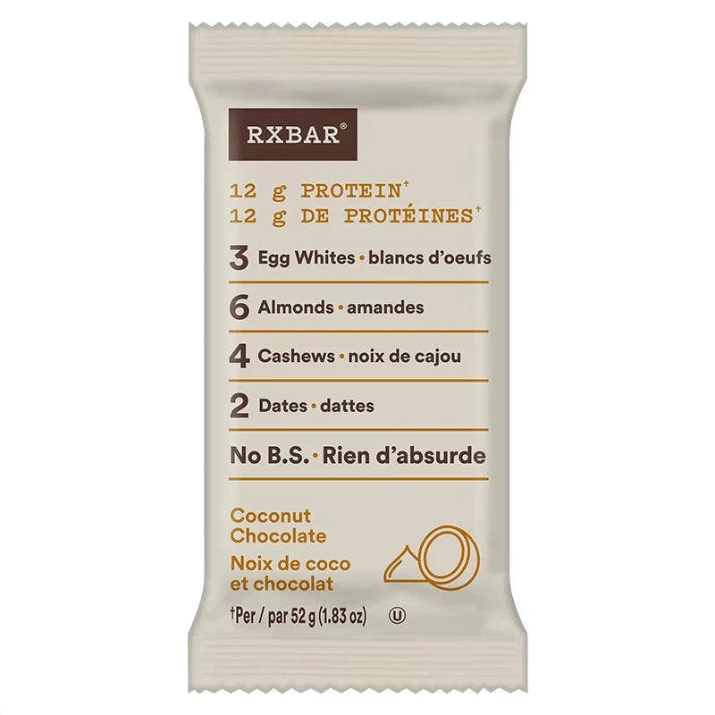 RX Bar, coconut chocolate in beige packaging, 52 grams.